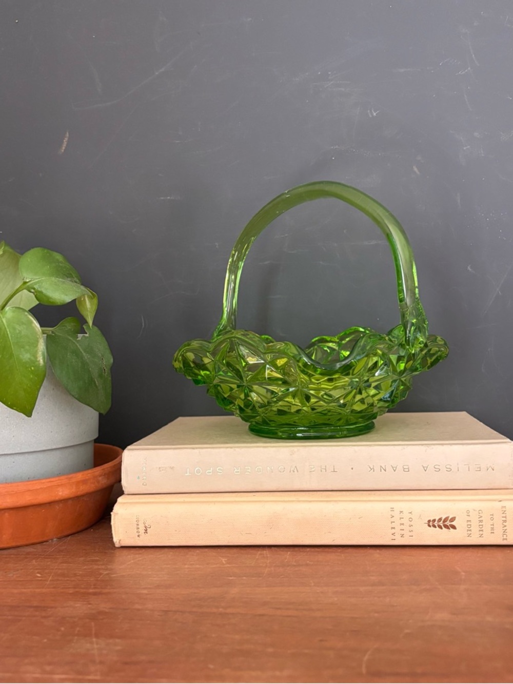 Indiana Glass Pressed Glass Green Star Basket, Flower Basket Basket